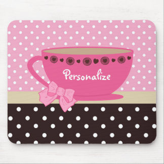 Girly Teacup Pink and Brown Polka Dot Bow and Name Mouse Pad