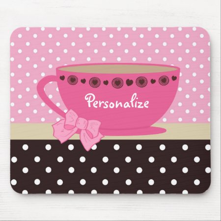 Girly Teacup Pink And Brown Polka Dot Bow And Name Mouse Pad
