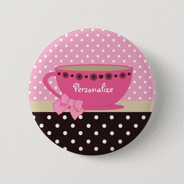 Girly Teacup Pink and Brown Polka Dot Bow and Name Pinback Button (Front)
