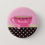 Girly Teacup Pink And Brown Polka Dot Bow And Name Pinback Button at Zazzle