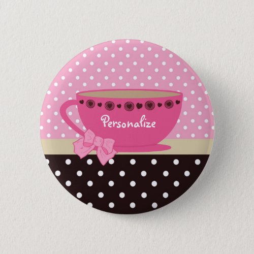 Girly Teacup Pink and Brown Polka Dot Bow and Name Pinback Button