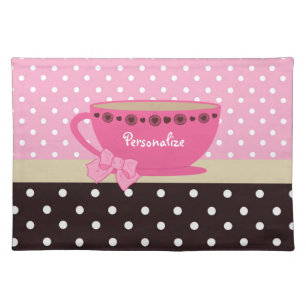 Girly Teacup Pink and Brown Polka Dot Bow and Name Placemat