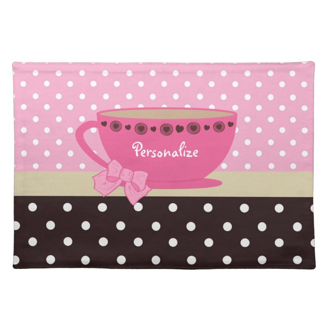 Girly Teacup Pink and Brown Polka Dot Bow and Name Placemat (Front)