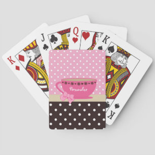 Girly Teacup Pink and Brown Polka Dot Bow and Name Poker Cards