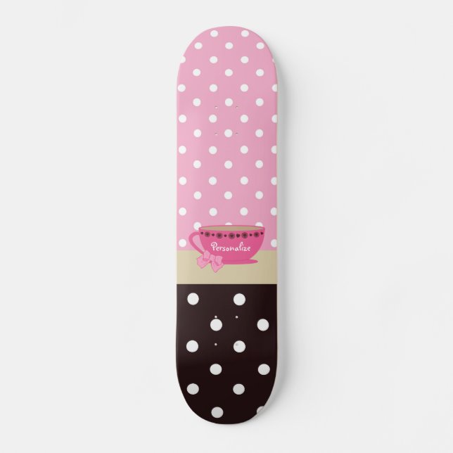Girly Teacup Pink and Brown Polka Dot Bow and Name Skateboard (Front)