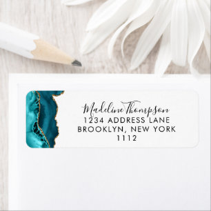 Girly Teal Agate Geode Script Typography Address Label