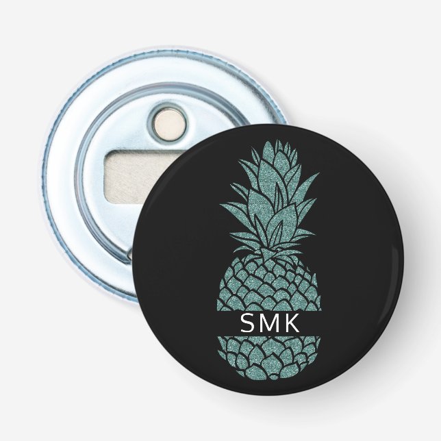 Girly Teal and Black Glitter Pineapple Monogram Bottle Opener (Front)