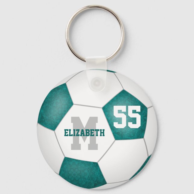 girly teal and white soccer ball keychain (Front)