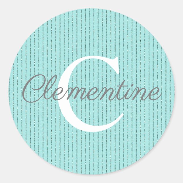 Girly Teal Aqua Blue Glitter Stripes Monogram Classic Round Sticker (Front)