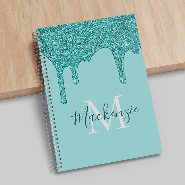 Girly Teal Aqua Sparkle Glitter Drips Monogram Notebook (Creator Uploaded)