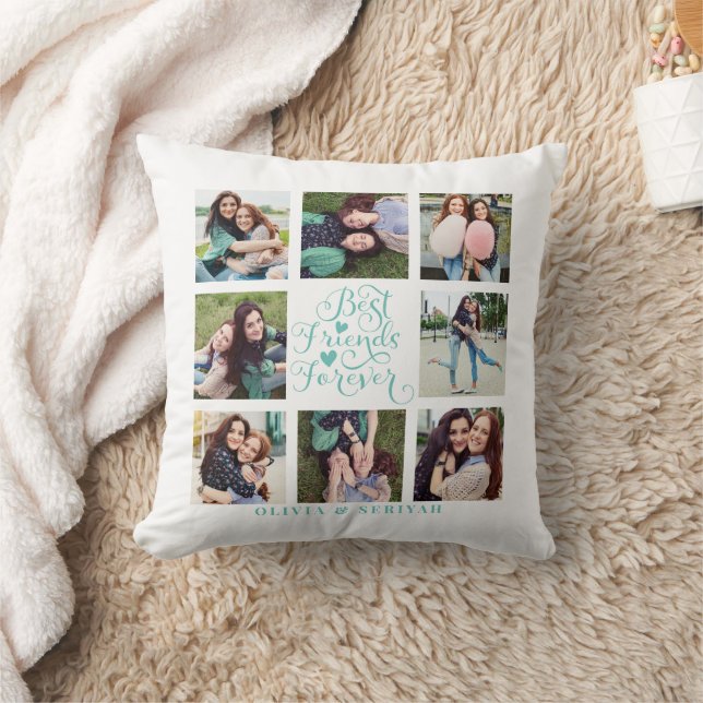 Girly Teal Best Friends Photo Collage Throw Pillow (Blanket)