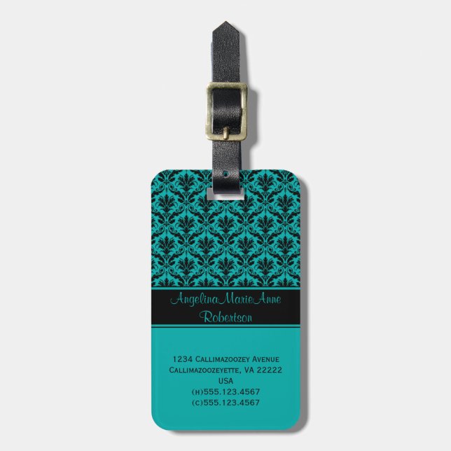 Girly Teal Black Damask Luggage Tags (Front Vertical)