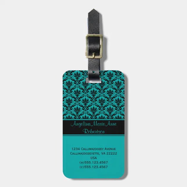 Girly Teal Black Damask Luggage Tags Zazzle