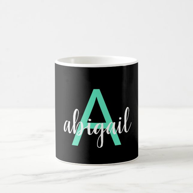 Girly Teal Black Elegant Modern Monogram Name Coffee Mug (Center)