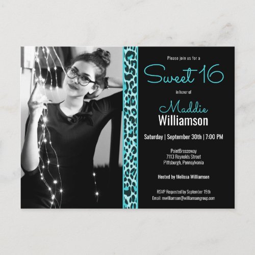 Girly TealBlack Leopard Photo Sweet 16 Invitation Postcard