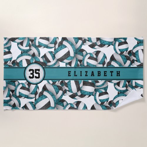 Girly teal black volleyballs pattern personalized beach towel