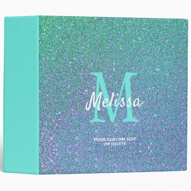 Girly Teal Blue Glitter Ombre Personalized 3 Ring Binder (Front/Spine)