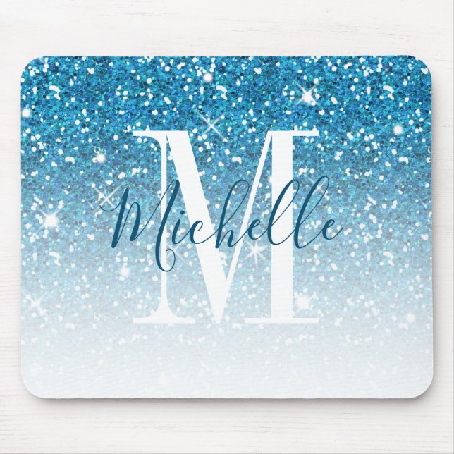 Girly Teal Blue Glitter Sparkle Monogram Name Mouse Pad (Front)