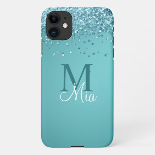 Girly Teal Blue Glitter Sparkle Personalized Name  iPhone 11 Case