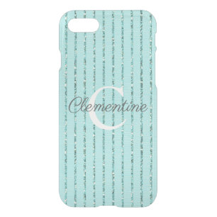 Girly Teal Blue Glitter Stripes Monogram iPhone SE/8/7 Case