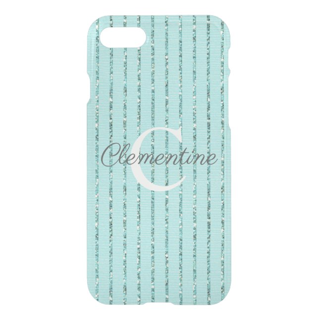 Girly Teal Blue Glitter Stripes Monogram Uncommon iPhone Case (Back)