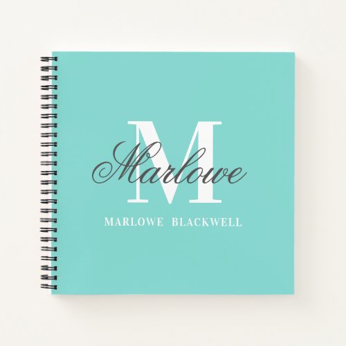 Girly Teal Blue Gray Monogram Calligraphy Notebook