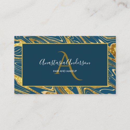 Girly Teal Blue Green Gold Marble Glitter Monogram Business Card