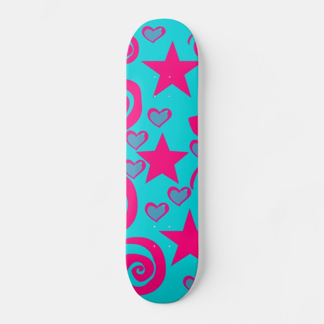 Girly Teal Blue Hot Pink Stars Hearts Swirls Skateboard (Front)