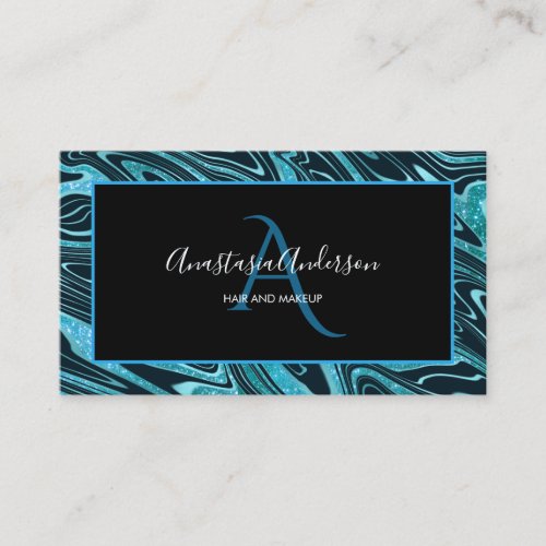 Girly Teal Blue Marble Glitter Elegant Monogram Business Card
