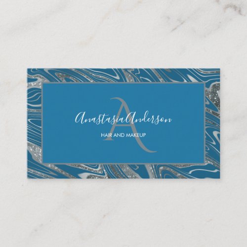 Girly Teal Blue Silver Marble Glitter Monogram Business Card