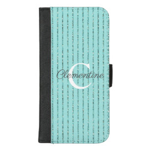 Girly Teal Blue Sparkle Glitter Stripes Monogram iPhone 8/7 Plus Wallet Case