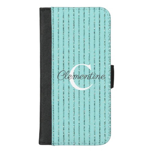 Girly Teal Blue Sparkle Glitter Stripes Monogram iPhone 87 Plus Wallet Case