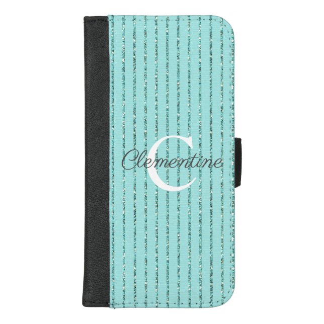 Girly Teal Blue Sparkle Glitter Stripes Monogram iPhone Wallet Case (Front)