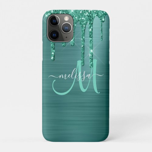 Girly Teal Brushed Metal Dripping Glitter Name iPhone 11 Pro Case