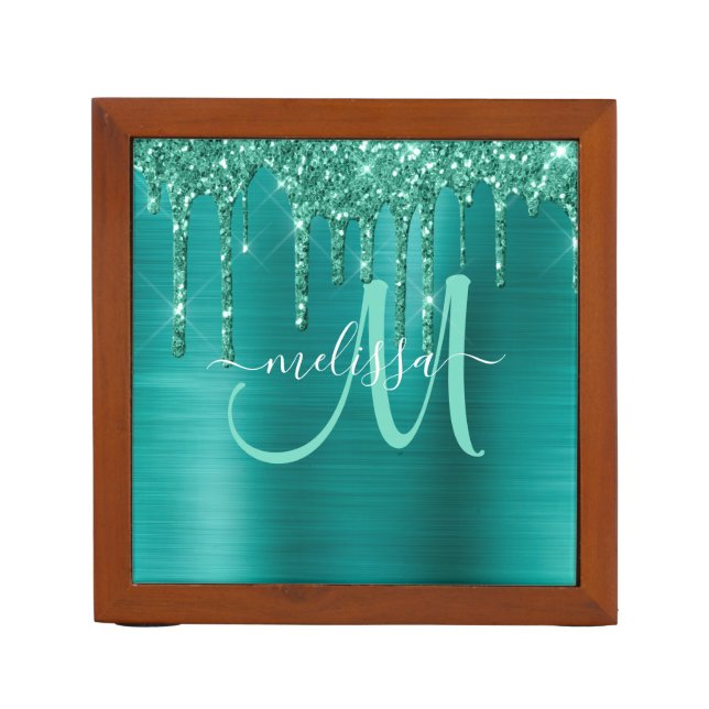 Girly Teal Brushed Metal Dripping Glitter Name Desk Organizer (Front)