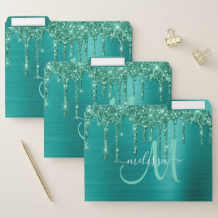 Girly Teal Brushed Metal Dripping Glitter Name File Folder