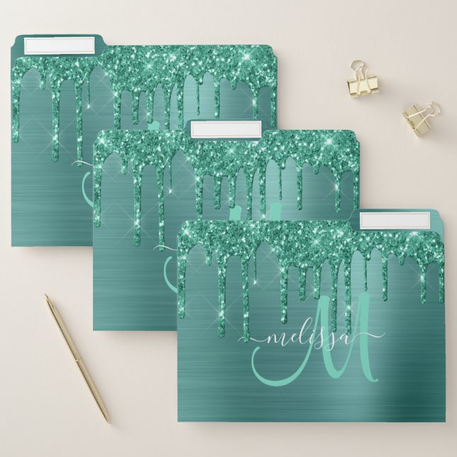 Girly Teal Brushed Metal Dripping Glitter Name File Folder (Set)