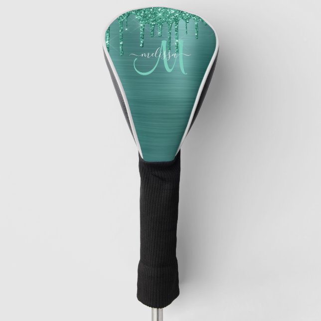 Girly Teal Brushed Metal Dripping Glitter Name Golf Head Cover (Front)