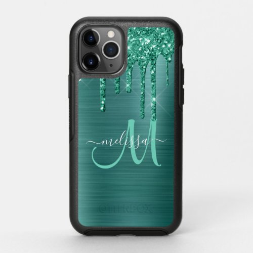 Girly Teal Brushed Metal Dripping Glitter Name OtterBox Symmetry iPhone 11 Pro Case