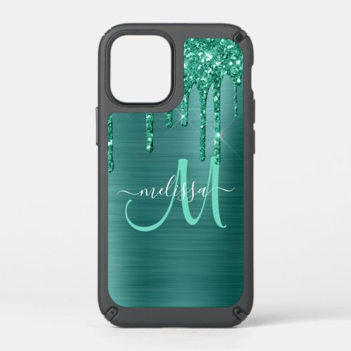 Girly Teal Brushed Metal Dripping Glitter Name Speck iPhone 12 Mini Case