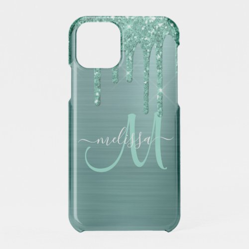 Girly Teal Brushed Metal Dripping Glitter Name iPhone 11 Pro Case