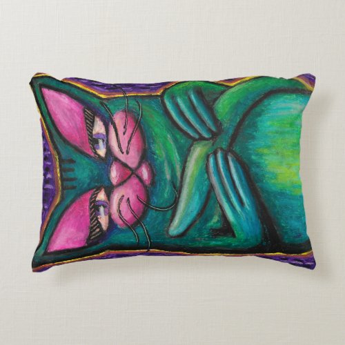 Girly Teal Cat in Oil Pastel on Purple Background Accent Pillow