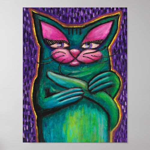 Girly Teal Cat in Oil Pastel on Purple Background Poster