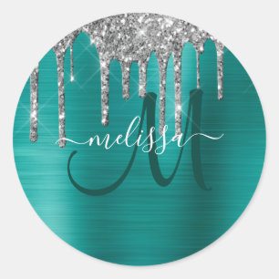 Girly Teal Dripping Glitter Brush Metal Monogram Classic Round Sticker