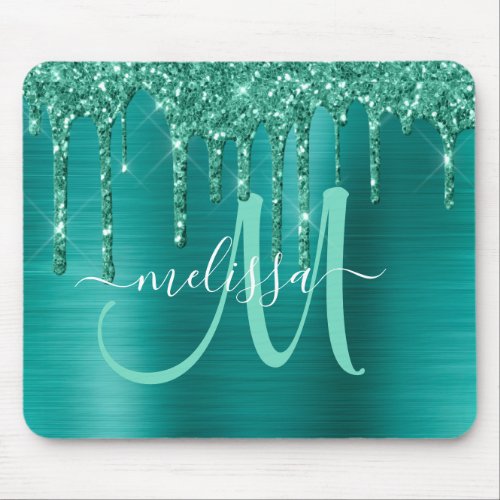 Girly Teal Dripping Glitter Brush Metal Monogram Mouse Pad