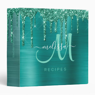 Girly Teal Dripping Glitter Brushed Metal Monogram 3 Ring Binder
