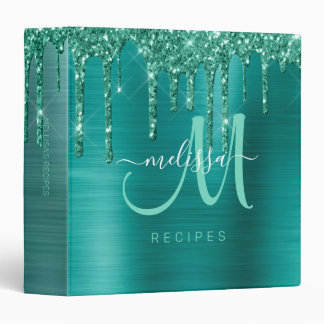 Girly Teal Dripping Glitter Brushed Metal Monogram 3 Ring Binder