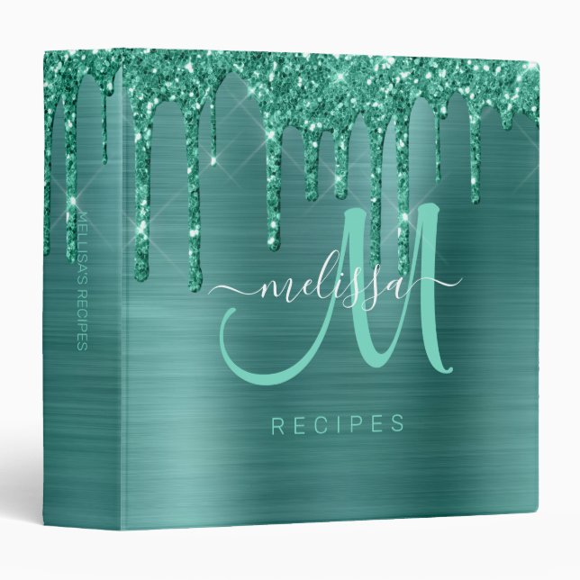 Girly Teal Dripping Glitter Brushed Metal Monogram 3 Ring Binder (Front/Spine)