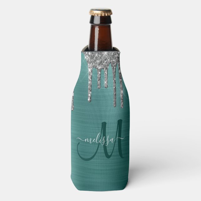 Girly Teal Dripping Glitter Brushed Metal Monogram Bottle Cooler (Bottle Front)