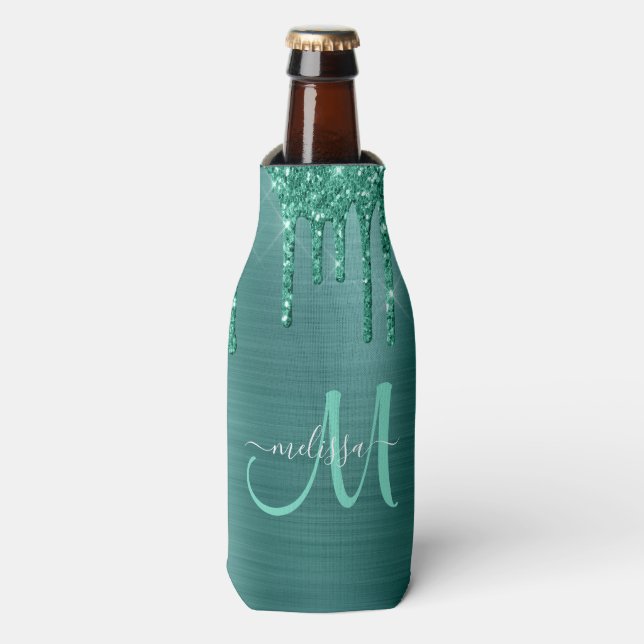 Girly Teal Dripping Glitter Brushed Metal Monogram Bottle Cooler (Bottle Front)
